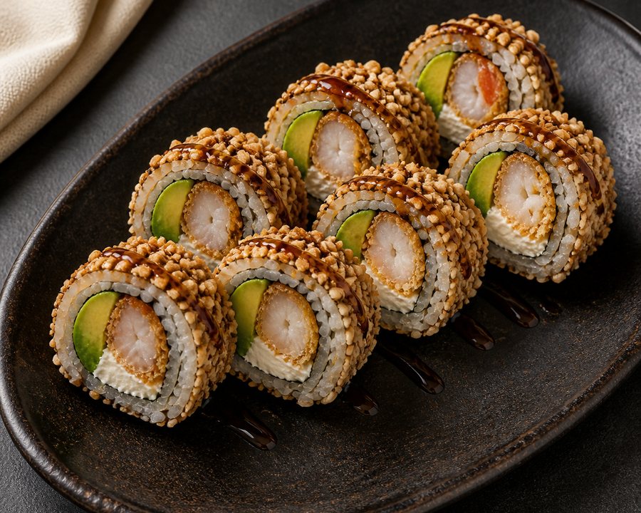 Uramaki z krewetką w tempurze i awokado